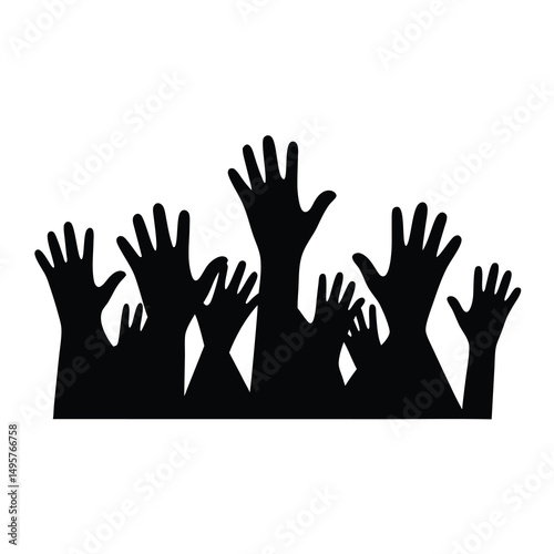 Silhouette of many hands reaching upwards in a crowd of people illustration
