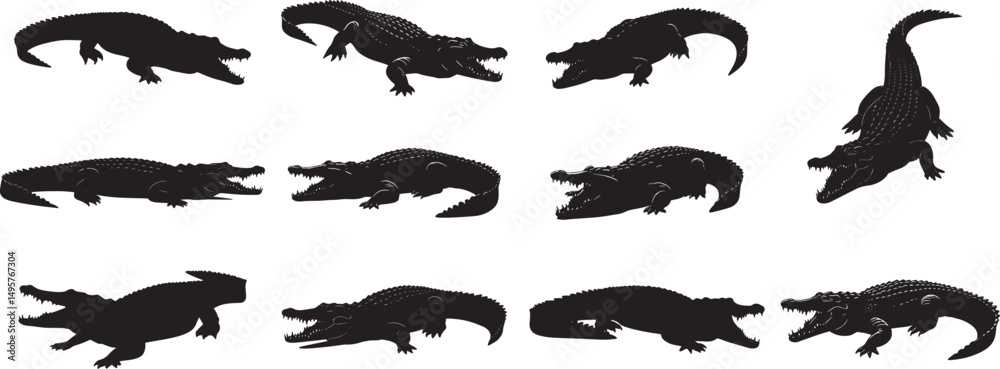 Fototapeta premium Alligator silhouette vector set, crocodile vector, reptile clip art, dangerous animal, wildlife illustration