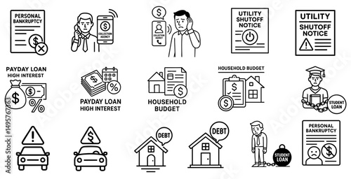 debt crisis visual concept. Financial issues and household budgeting illustrated with icons.