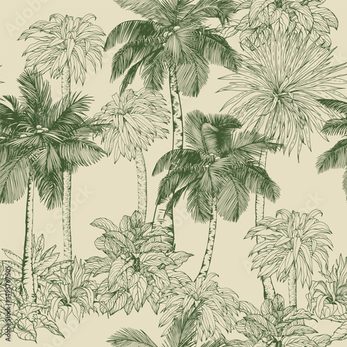 Seamless pattern with green palm trees and tropical plants. Toile de Jouy style. Hand drawn vector illustration.