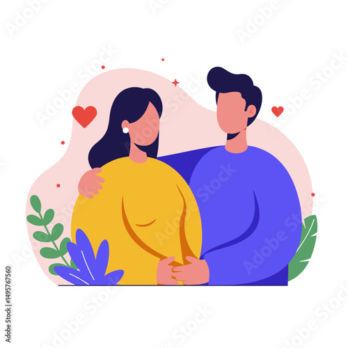 Couple embracing surrounded by hearts and greenery in a playful style  
