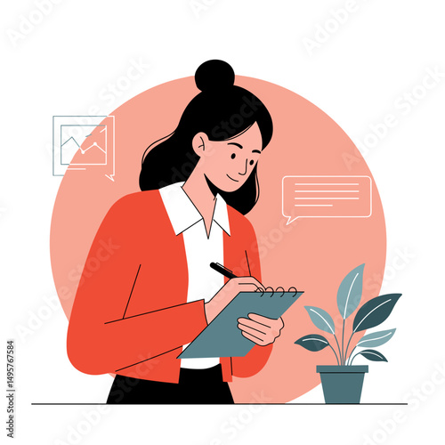 Young woman taking notes while standing near a potted plant  