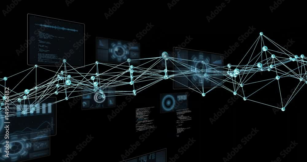 Turquoise network drifting in triggers UI panels appearing and connections forming for data display