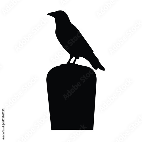 Silhouette of a raven perched on a tombstone against a white background