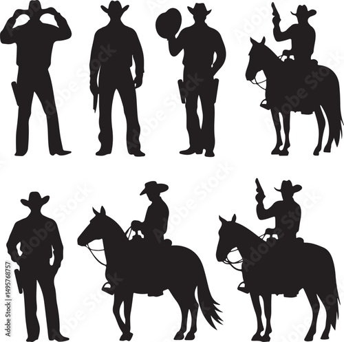 Six Cowboy Silhouettes Poses with and without Horses