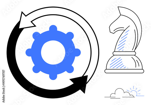 Gear encircled by arrows symbolizes process optimization, while chess knight signifies strategic thinking. Ideal for management, innovation, decision-making, leadership, planning, technology
