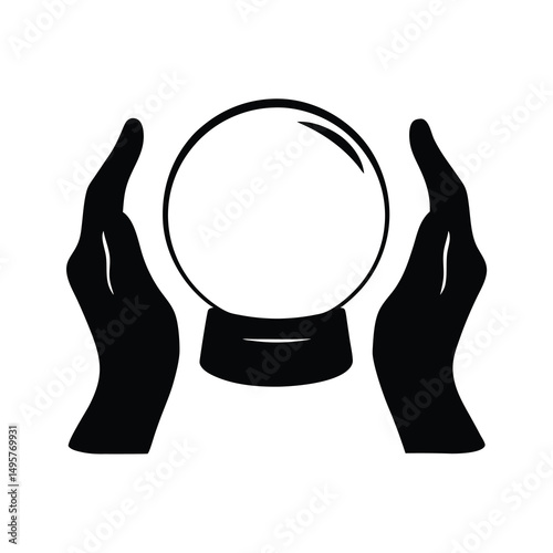 Hands holding a crystal ball to see the future, a black silhouette