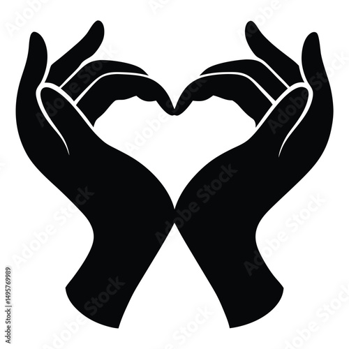 Black silhouette hands forming a heart shape on a white isolated background