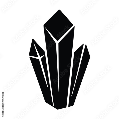 Elegant monochrome illustration of three stylized mineral crystals with faceted surfaces