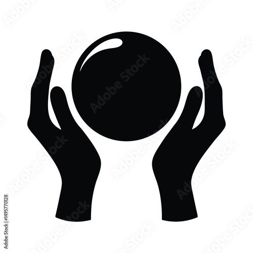 Black and white illustration of two hands holding a magical orb