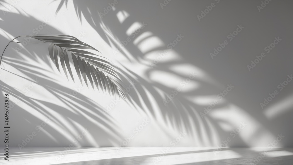 Fototapeta premium Gray shadowy abstract background featuring natural palm leaves on wall texture for wallpaper and background, black and white