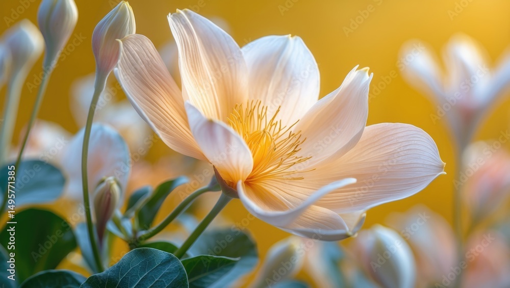 Fototapeta premium Charming landscape serving as a backdrop. Design for flower art. Macro abstract photography of Soft Flower. Yellow backdrop. Wallpaper with creative touch. In-depth view.