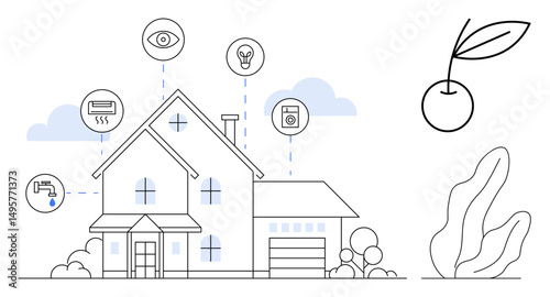 Smart home with connections to automation icons for security, energy efficiency, lighting, and appliances. Ideal for technology, innovation, sustainability, smart living, eco-friendly design home