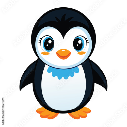 A fluffy baby penguin with bright blue eyes and orange feet stands looking forward with white background