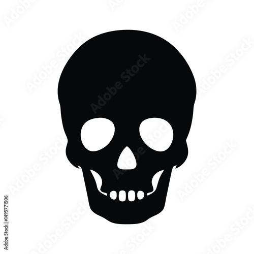 A black skull in silhouette on a white background symbolizing mortality