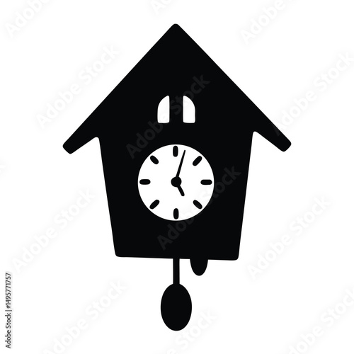 Black and white vector silhouette of a traditional cuckoo clock isolated