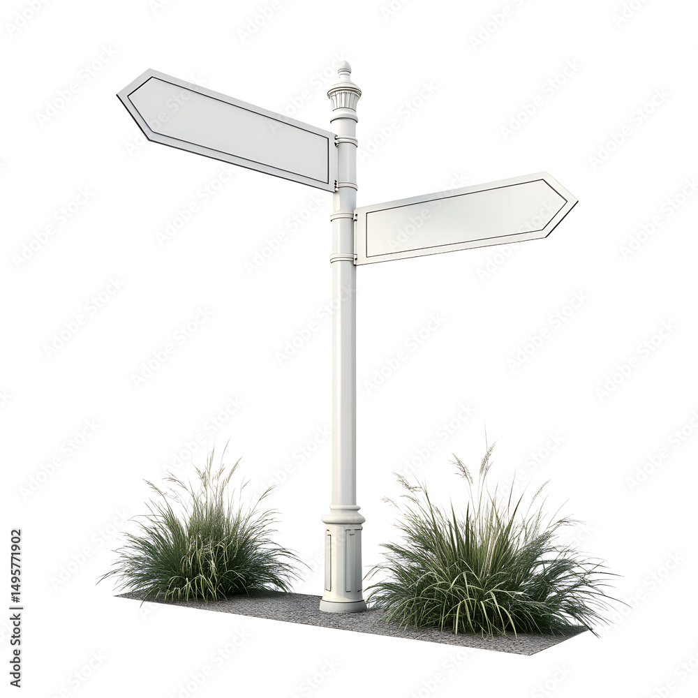 Obraz premium White Street Sign Post with Two Blank Arrow-Shaped Signs and Green Grass Bushes