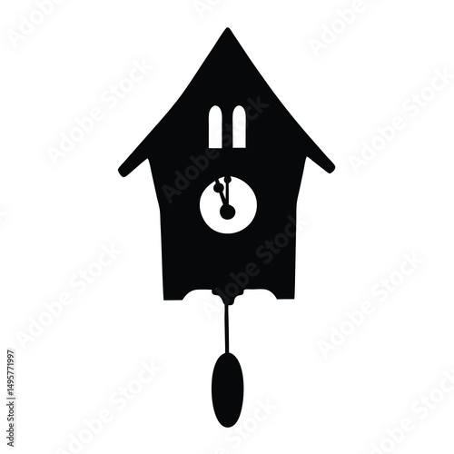 Simple Cuckoo Clock Silhouette Design with Pendulum Swinging on White Background