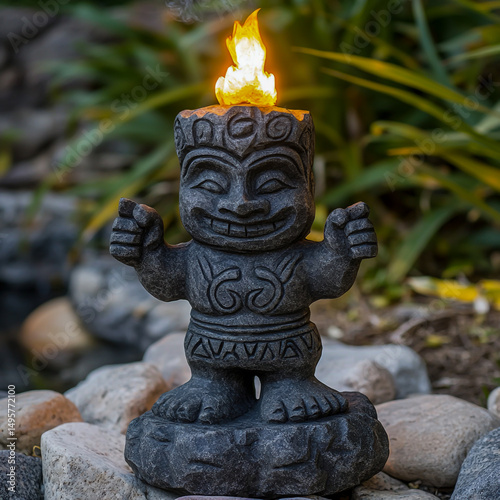 A charming statue, with a face that is affectionate, cheerfully points forward with its thumb raised. On a nearby pile of stones, a bright, blazing torch burns warmly. photo