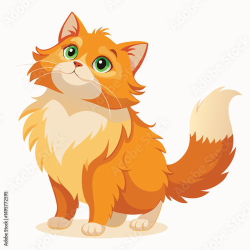 A fluffy ginger cat, possibly a Maine Coon, stands on its hind legs looking upwards with a hopeful expression with white background