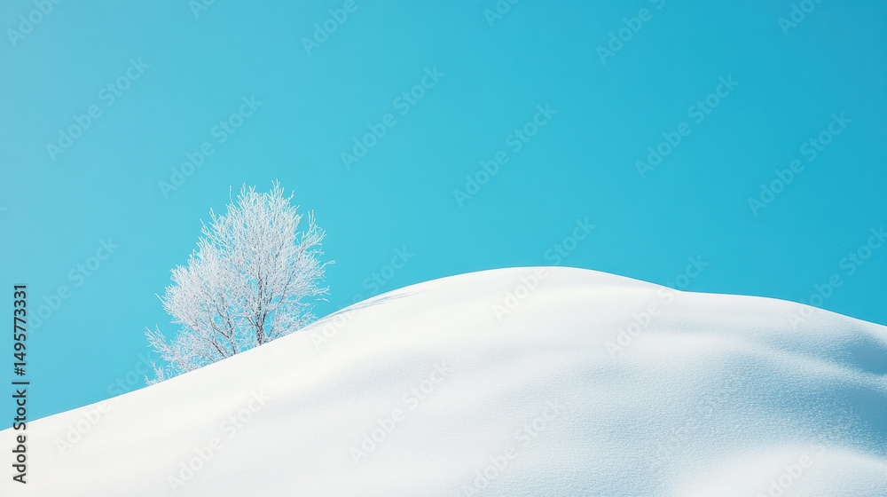 Fototapeta premium Solitary frost covered tree on a snowy hill under clear blue sky