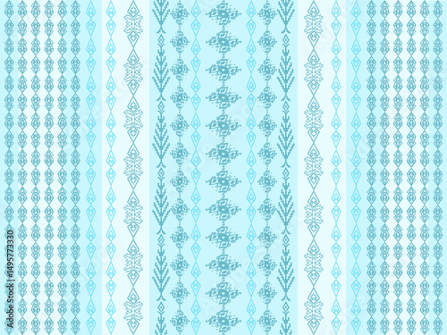Vertical striped pixel pattern with delicate blue and white geometric motifs, perfect for refreshing and airy designs.
