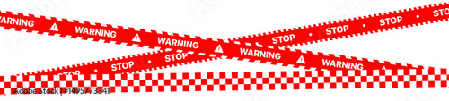 Hazardous warning tape set with Red and White seamless borders for construction zones and crime scenes. Law enforcement caution tape with brushes included. Vector illustration for danger signage.	