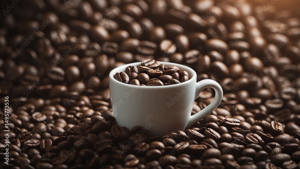 Fototapeta premium Coffee beans that are roasted on a surface. Inside a coffee cup, roasted brown decaffeinated coffee beans. Viewed from above