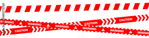 Hazardous warning tape set with Red and White seamless borders for construction zones and crime scenes. Law enforcement caution tape with brushes included. Vector illustration for danger signage.	