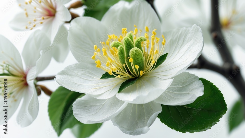 Fototapeta premium Isolated white background featuring spring-blooming apple blossoms on a path