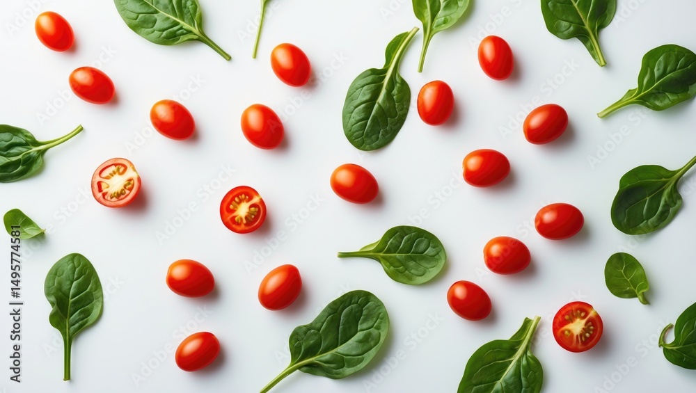 Isolated white background featuring cherry tomatoes and spinach leaves Isolated white background featuring cherry tomatoes and spinach leaves