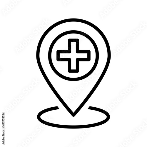 hospital location map pointer, cross icon with location pin, black filled symbol isolated on white background, vector marker, first aid sign	
