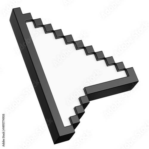 vintage black-and-white pixelated mouse cursor 3d icon isolated on transparent background, png