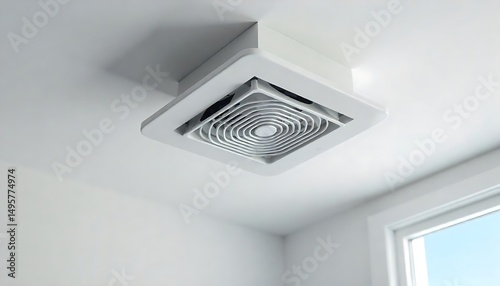 Ceiling mounted duct fan with air vent for bathrooms or kitchens to remove humidity and odors, Plastic grille for air conditioning vents on the ceiling, created with generative ai