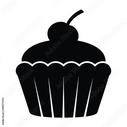 Sweet treat delicious cupcake with cherry on top, simple black silhouette