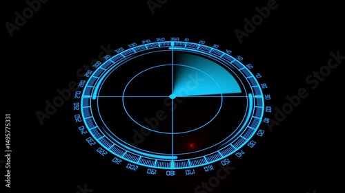 Futuristic radar screen interface with blue digital grid and scanning beam, high-tech sonar display with red blip on dark background, military detection system, digital target tracking UI