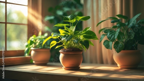 Thyme plant freshly potted on window ledge indoors. Detailed view of herbs in pots for the kitchen.