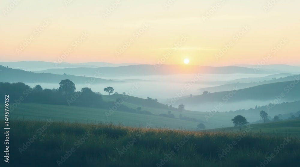 Fototapeta premium Minimalist illustrated foggy English countryside at dawn