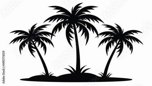 Silhouette illustration of three palm trees growing on a tropical island with white background