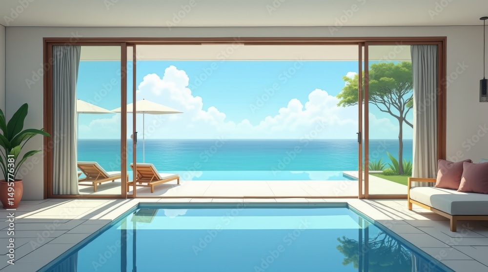 Fototapeta premium Open concept villa living space connecting to infinity pool
