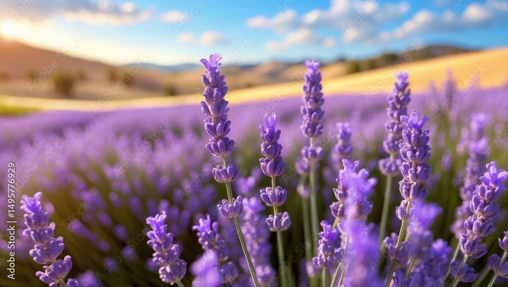 Obraz premium Gorgeous lavender field at sunrise in Provence, France, with a focus on the foreground.