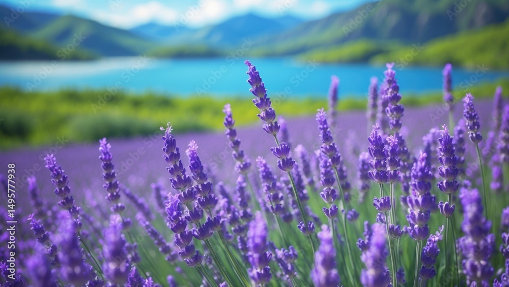 Obraz premium Beautiful landscape showcasing lavender fields by the shore of the Verdon river. Valensole Plateau, Provence, France