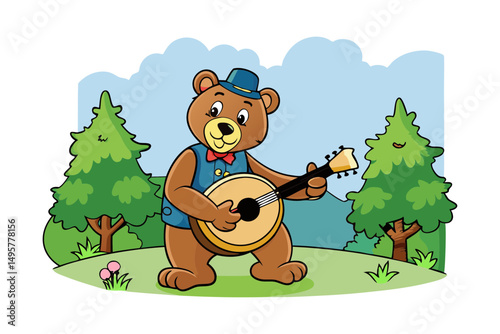 Cartoon Bear Playing Banjo in the Forest
