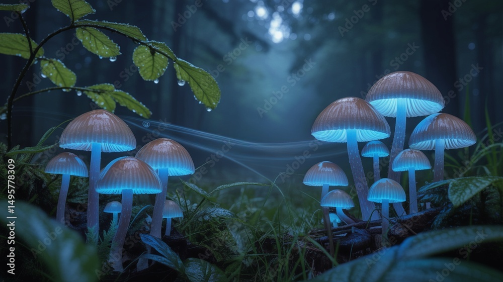 Fototapeta premium Glowing mushrooms in night forest with magical atmosphere , glowing mushrooms with bioluminescent light, fantasy glowing mushrooms in dark enchanted woods