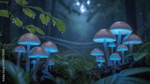 Glowing mushrooms in night forest with magical atmosphere , glowing mushrooms with bioluminescent light, fantasy glowing mushrooms in dark enchanted woods