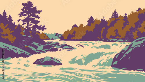 Abstract representation of a rushing river with white water rapids vector illustration