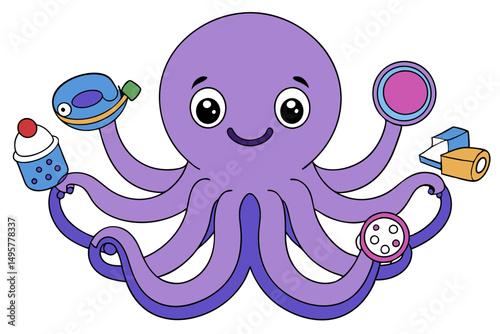 Funny Octopus with Objects in Tentacles