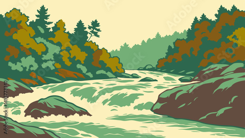 Abstract representation of a rushing river with white water rapids vector illustration