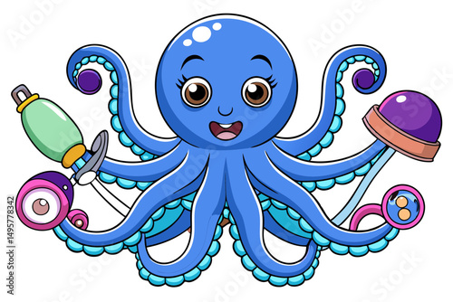 Octopus Cartoon Holding Various Items