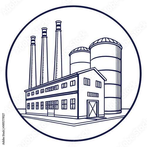 Industrial building with storage tanks and pipes in circular frame
